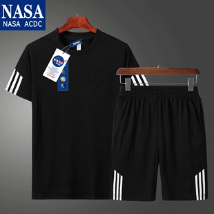 NASA联名夏季薄款休闲圆领套装男韩版潮流修身百搭短袖T恤两件套