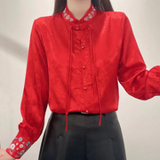 新中式国风红色衬衫女春季复古盘扣立领提花缎面长袖上衣