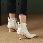 tatalory女靴尖头细跟小个子高级交叉绑带，马丁靴短筒靴2023冬季