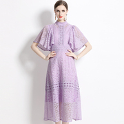 欧洲站轻奢女装夏季气质优雅飞飞袖收腰显瘦淡紫色蕾丝连衣裙
