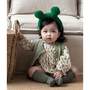 2024春款韩版婴儿碎花长袖，连体哈衣女(哈衣女，)宝宝针织马甲甜美爬服套装