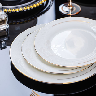 简约白玫瑰陶瓷盘子菜盘家用金边餐具套装高级感餐盘菜盘碟子碗盘