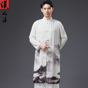 假两件棉麻雪纺长衫中长款男装立领中式唐装演出服中国风禅意汉服