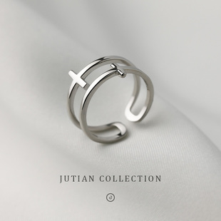 jutian冷淡风个性s925纯银，戒指十字女时尚，简约ins潮流开口指环