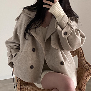 韩国chic秋冬法式复古西装，领双排扣口袋小众，宽松百搭毛呢短外套女