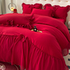 简约全棉结婚四件套大红色，备婚床单被套纯棉，公主婚庆床上用品婚房