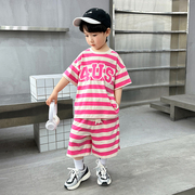 男童粉色条纹套装夏季2023儿童痞帅洋气时髦潮流小童短袖夏装