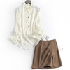 纯色缩褶花边立领单排扣减龄，淑女长袖衬衫高腰包(高腰包，)臀短裙女套装m379