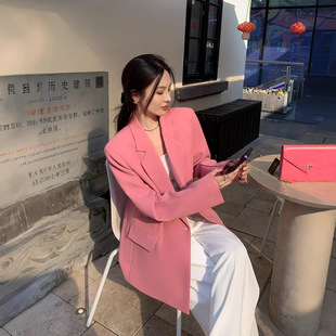 大码女春秋粉色西装外套高级感胖mm新款韩版休闲百搭宽松廓形西服
