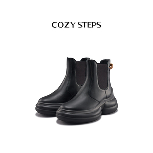 COZY STEPS可至春季女靴子真皮切尔西短靴弹力厚底平跟单靴7154
