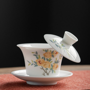德化白瓷三才盖碗功夫茶具，单个陶瓷大号可悬停羊脂玉泡茶杯带盖子