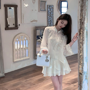 fairyjiang夏季国风刺绣白色，雪纺百褶半身裙，高腰显瘦不规则短裙子