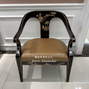 欧式实木圈椅别墅古典休闲椅手绘沙发椅小牛皮书椅咖啡椅阳台吧椅