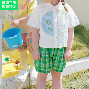 锦小和和amber韩国童装儿童裤子夏款女童5分裤绿色格子花苞裤