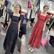 网红时尚雪纺连衣裙女2023年夏季气质减龄方领短袖长裙潮