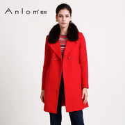 anlom娅奴大毛领中长款羊毛，羊绒大衣女，红色时尚修身外套