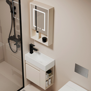 小户型挂墙式实木浴室柜组合智能镜箱，超窄边加长洗漱台陶瓷洗手盆