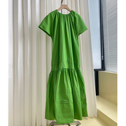 果绿色小众设计感短袖连衣裙女2023年夏宽松(夏宽松)慵懒大裙摆褶皱长裙子