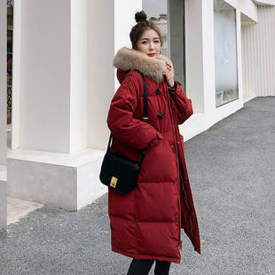 大毛领连帽红色羽绒服女冬季设计感加厚中长款结婚白鸭绒外套