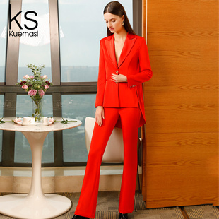 2024春装搭配一整套深v西装领红色洋气长裤，套装女时尚两件套