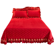 大红色新婚庆(新婚庆)床盖，夹棉单件床垫水晶绒，加厚刺绣床单三件套结婚床品