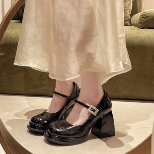 法式玛丽珍高跟鞋女粗跟2024春防水台一字带气质优雅小皮鞋潮
