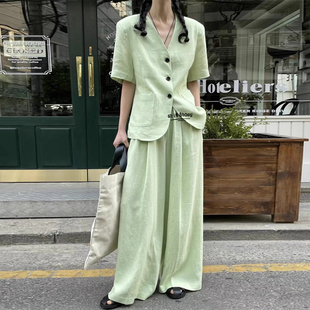 棉麻西装套装女2023夏季韩版时髦气质亚麻短袖西服阔腿裤套装