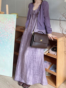 微胖mm秋季显瘦气质清纯两件套连衣裙遮肉高级感紫色开衫绝美大码