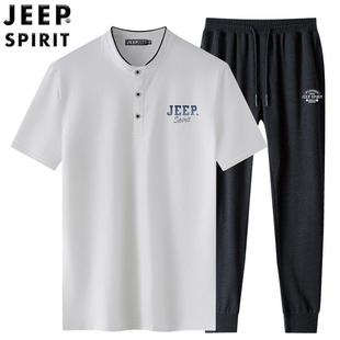 JEEP吉普男装短袖男运动休闲白色夏季长裤立领时尚T恤套装/