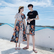 沙滩裙女情侣装夏装短袖t恤三亚旅游拍照大码连衣裙海边度假套装