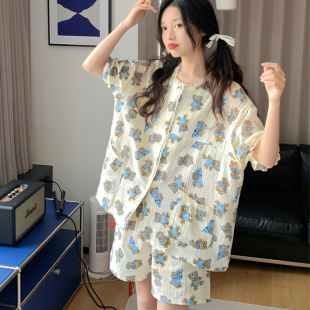 韩版蓝色小熊睡衣女夏季短袖短裤纯棉纱布可爱甜美圆领花边家居服