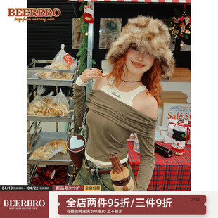 BeerBro 美式辣妹露肩假两件长袖女春欧美修身捏褶设计感别致上衣