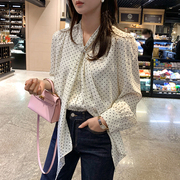 韩国chic春季法式气质V领飘带撞色波点设计宽松百搭长袖衬衫上衣