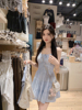 famouswang2023年夏季显白少女收腰奶蓝色吊带连衣裙小个子