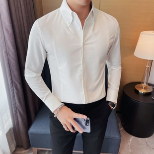 法式大尖领衬衫男长袖秋季高级感潮流，韩版修身休闲痞帅气衬衣