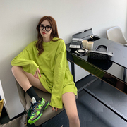 绿色长袖t恤女宽松秋季韩版网红洋气简约中长款纯色打底内搭体恤