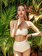 宋智雅同款泳衣女夏高腰(夏高腰，)收腹度假性感绑带白色比基尼小胸钢托聚拢