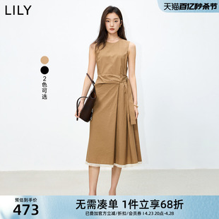 lily2024夏女装(夏女装)优雅气质，通勤款显瘦收腰不对称腰带无袖连衣裙