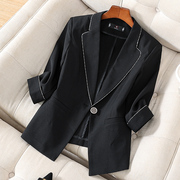 高端七分袖黑色西装，外套女2024春夏，韩版职业通勤简约纯色西服