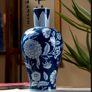 青花复古陶瓷花瓶客厅，插花高级感创意，摆件青花长颈瓶大肚瓶