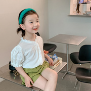 夏季2023女童蕾丝白色衬衫，韩版儿童宝宝泡泡袖，花边娃娃衫上衣t恤
