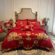提花龙凤双喜刺绣四件套被套床上用品中式高档大红结婚庆100支