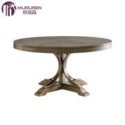 美式实木圆餐桌椅组合英式复古椭圆桌子做旧仿古饭桌北欧餐厅餐台