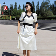 民族风连衣裙夏季短袖蒙古元素长裙低领，修身女士时尚现代蒙古袍