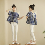 女童纯棉格子后背系带娃娃衫夏季韩版中大童短款上衣薄款短袖T恤