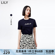 lily夏女装(夏女装)丝光棉别致绣花设计感百搭休闲圆领短袖t恤女