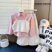 韩版女童春季套装针织马甲女宝宝纯色长袖衬衫直筒裤三件套潮
