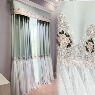 浪漫韩式公主房卧室绿色磨毛遮光裙摆成品窗帘白色裙摆纱轻奢美式