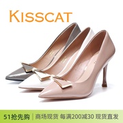 KISSCAT接吻猫2024细高跟尖头亮漆牛皮32122女单鞋KA42122-10