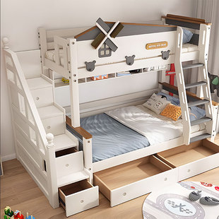 简约实木儿童床卧室高低床，上下床双层床男女孩高箱功能组合子母床